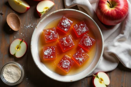 Pâtes de fruit à la pomme vegan maison présentées dans un plat en céramique avec de l'agar-agar et des pommes fraîches