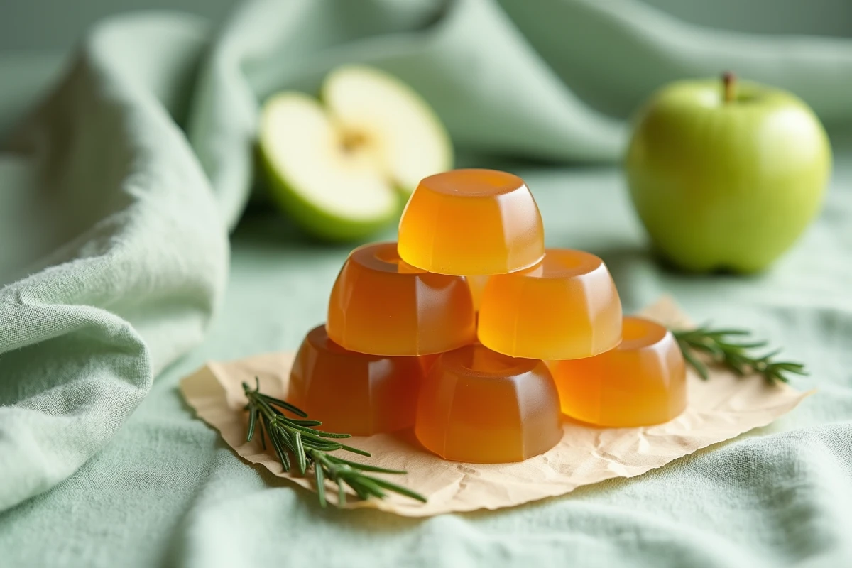 Pâtes de fruit pomme vegan découpées et stylisées sur nappe en lin avec pomme fraîche et fiche recette artisanale