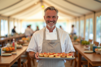 Chef pâtissier souriant avec pâtisseries dans tente lumineuse