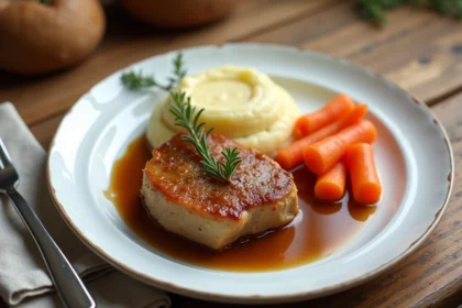 Paupiette de veau dorée servie avec purée maison et carottes vapeur sur une table familiale en bois chaud