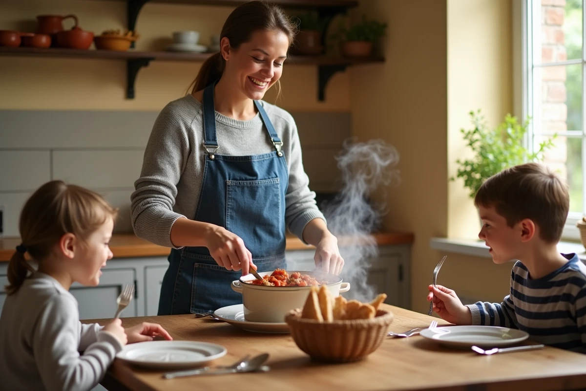 Mère de famille servant des paupiettes de veau braisées à ses enfants autour d'une table familiale conviviale