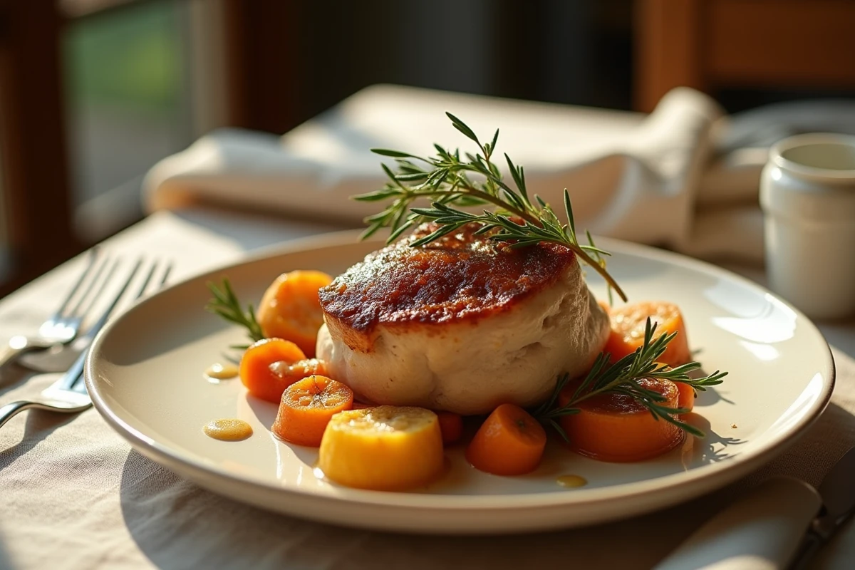 Paupiette de porc servie avec légumes et thym