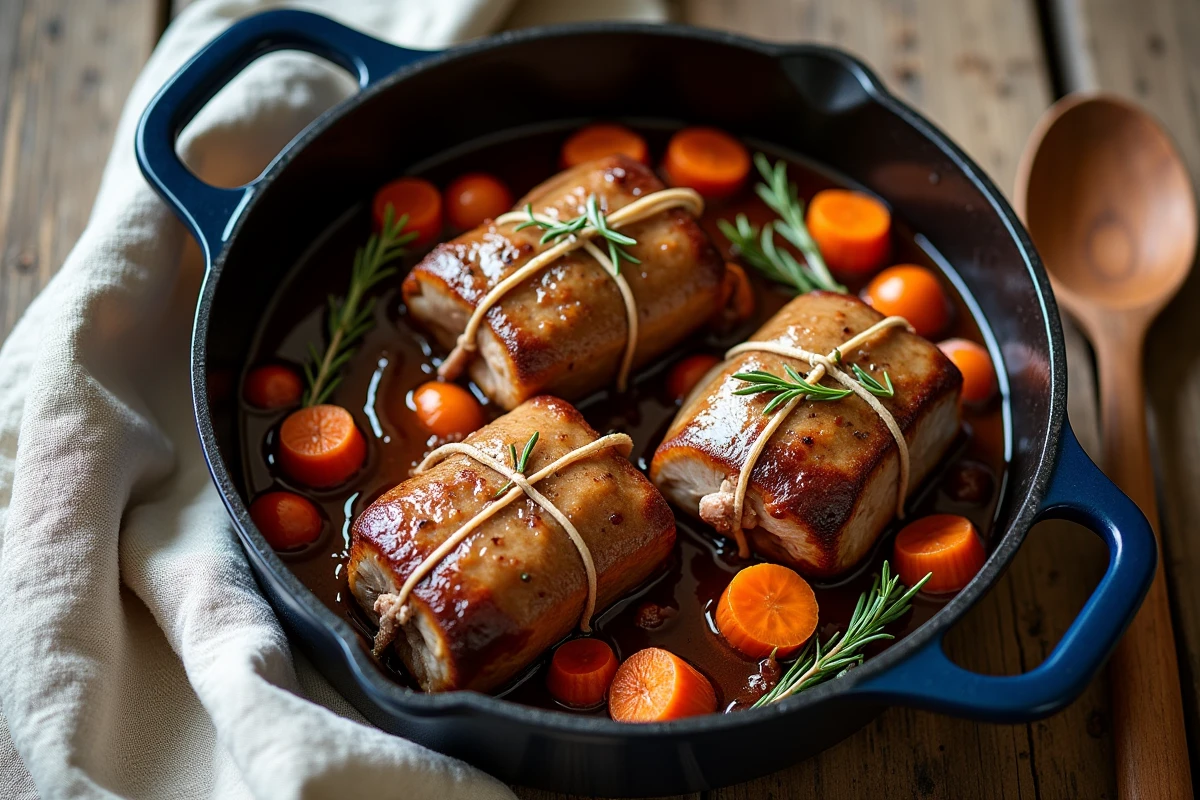 Paupiettes de porc mijotées en sauce avec carottes et oignons perlés dans une cocotte émaillée, vue de dessus