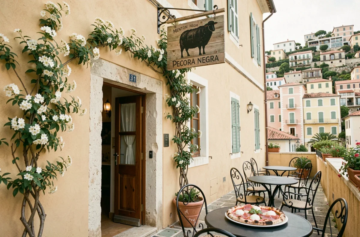 Façade de la pizzeria Pecora Negra à Menton avec terrasse en fer forgé et pizza burrata au premier plan, vieille ville en arrière-plan