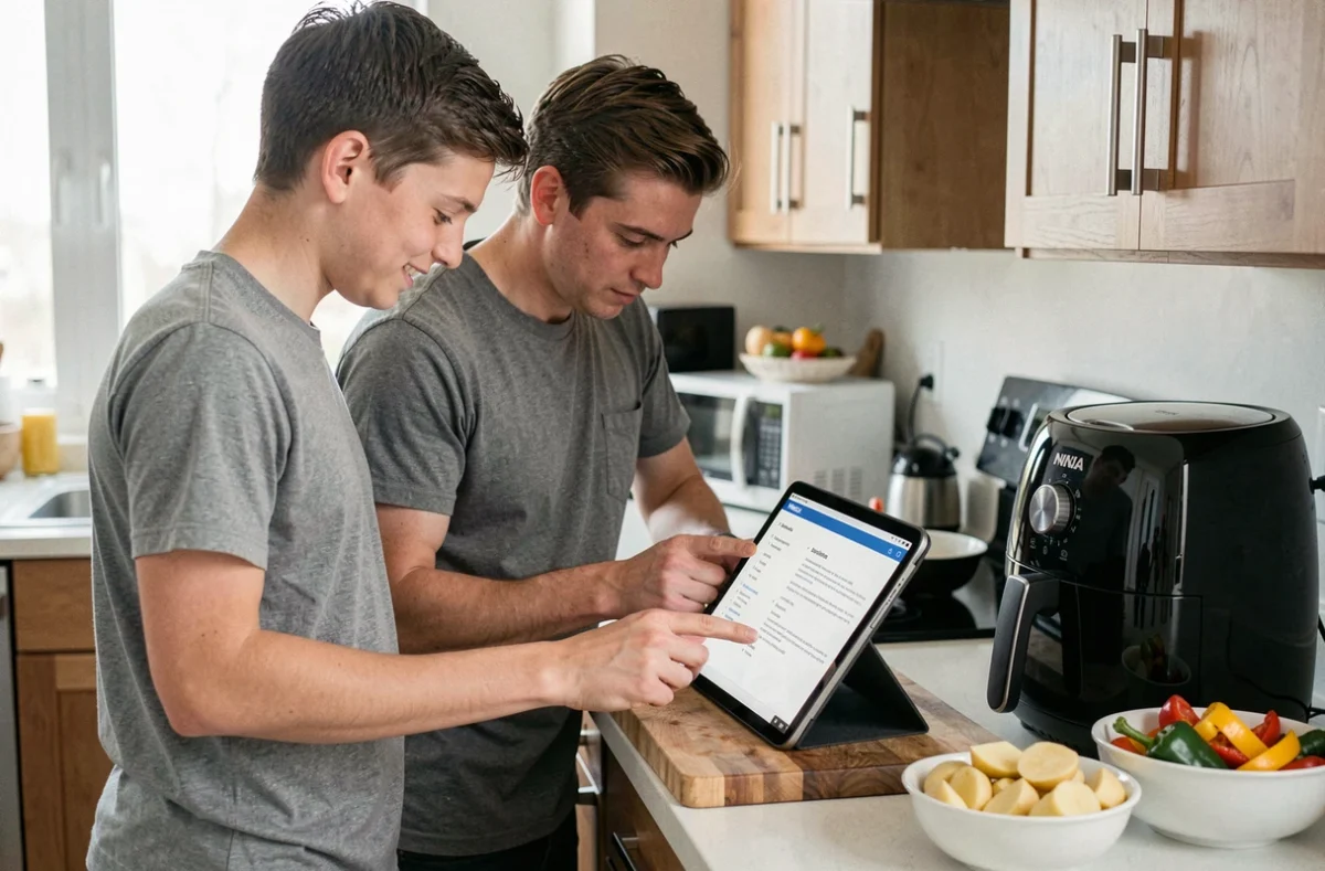 Père et fils consultant une recette PDF sur tablette pour cuisiner avec la friteuse à air Ninja en famille