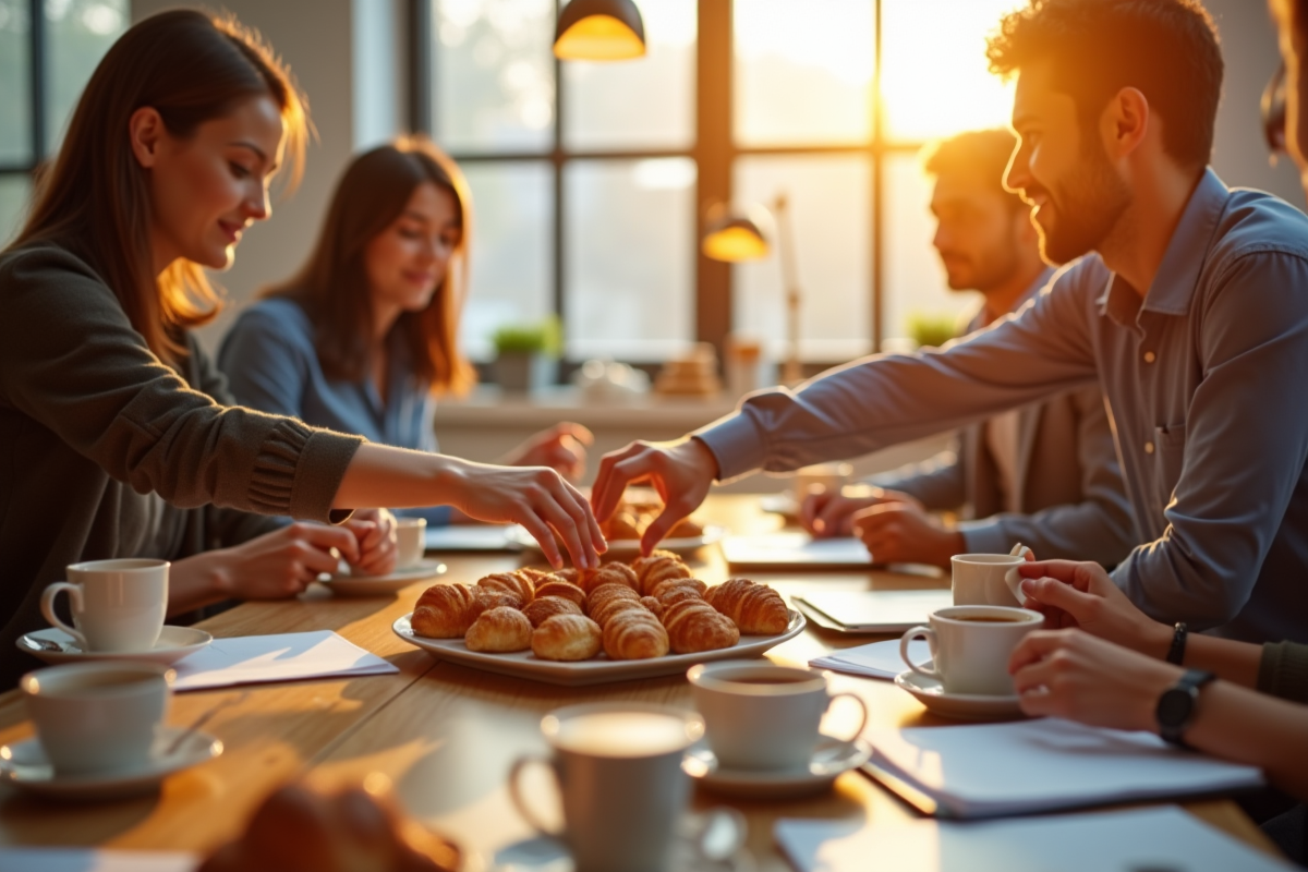 Réunion matinale au bureau avec viennoiseries et café