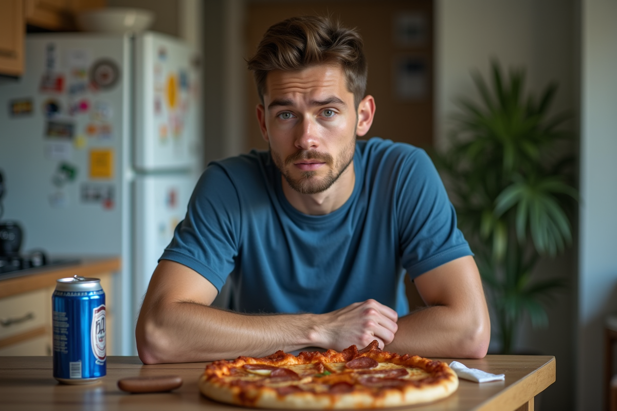 Jeune homme observant un petit déjeuner désordonné
