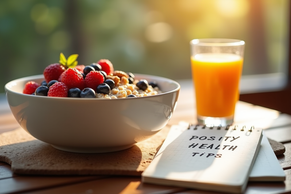 Petit déjeuner sain avec bol de flocons et jus d