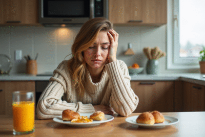 Femme fatiguée regardant son petit déjeuner matinal