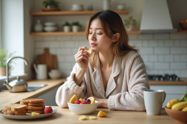 Jeune femme en pyjama au petit déjeuner matinal