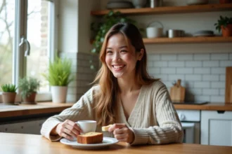 Jeune femme souriante dégustant un banana bread au petit déjeuner