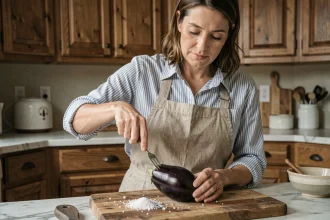 Femme qui pique une aubergine avec une fourchette avant cuisson au four sur un plan de travail en bois