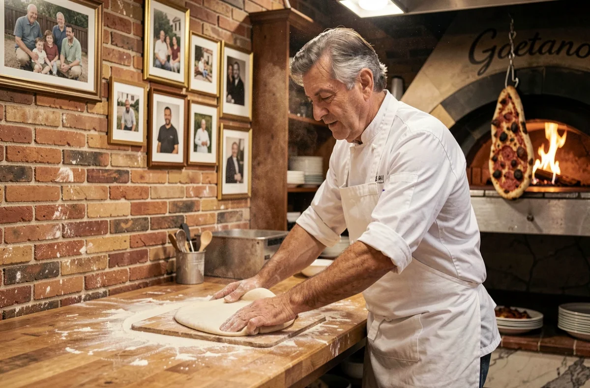 Chef de la Pizzeria Gaetano à Toulon étirant la pâte à pizza à la main dans une cuisine authentique avec four à bois