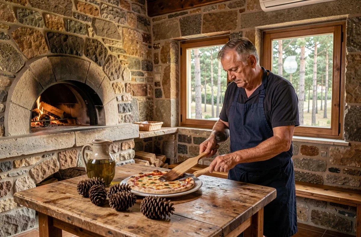 Pizzaïolo de La Pinède aux Arcs-sur-Argens enfournant une pizza dans un four à bois en pierre entouré de pins parasols