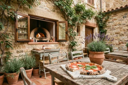 Terrasse d'une pizzeria provençale avec four à bois et pizza napolitaine sur planche de marbre, ambiance méditerranéenne authentique