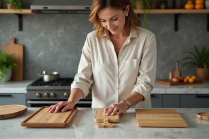 Femme arrangeant planches en bois et marbre dans une cuisine moderne
