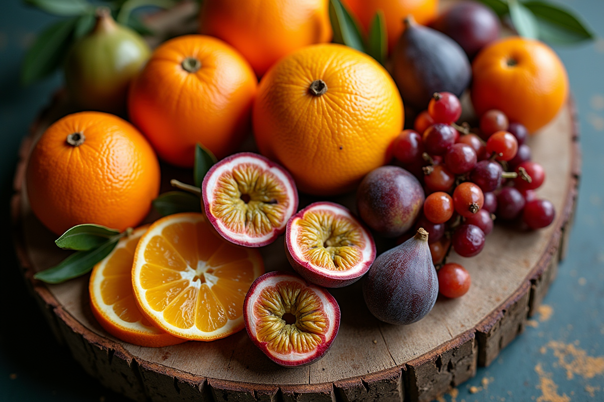 Vue de dessus de fruits variés sur une planche rustique