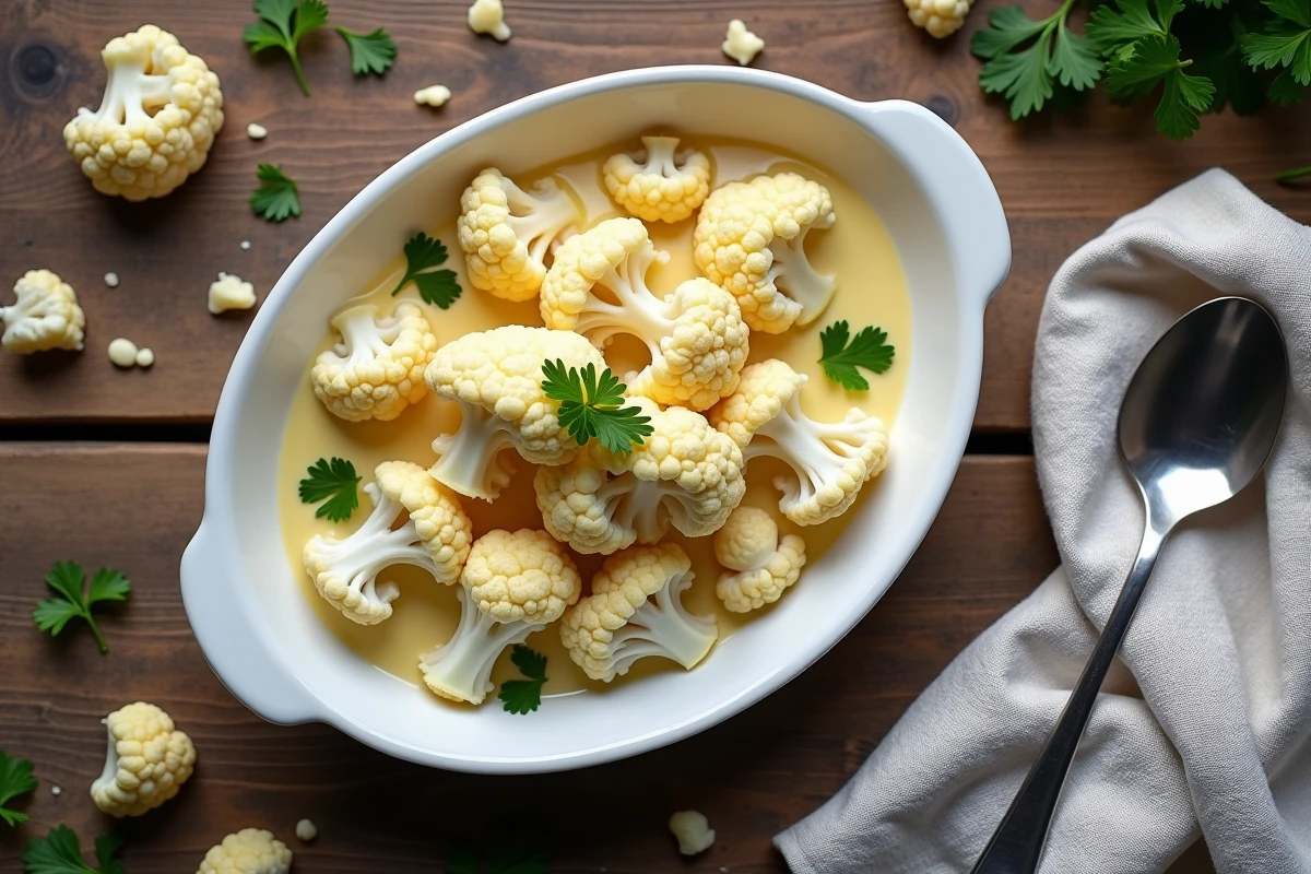 Plat de chou-fleur à la sauce fromagère et persil frais présenté dans un plat en céramique blanche sur table en chêne