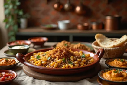 Table familiale égyptienne avec un grand plat de kushari, mezze et pain plat sur une nappe en lin dans une cuisine chaleureuse aux tons terre cuite