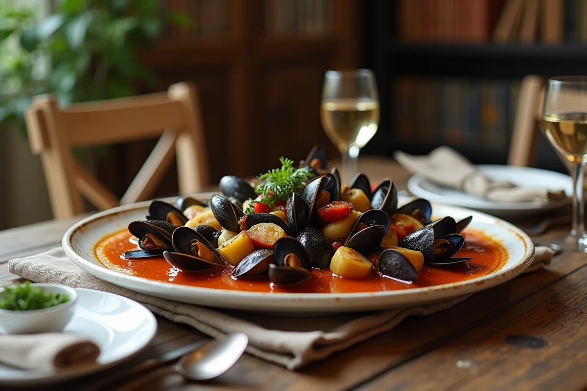 Plat de moules à la tomate et à l'ail au centre d'une table dressée pour le dîner avec du vin blanc