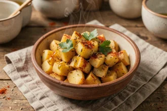 Bol de pommes de terre écrasées aux épices douces avec paprika fumé, cumin et coriandre fraîche sur table en bois rustique