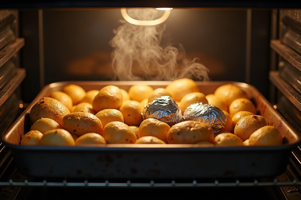 Pommes de terre rôties dorées dans un plat en aluminium
