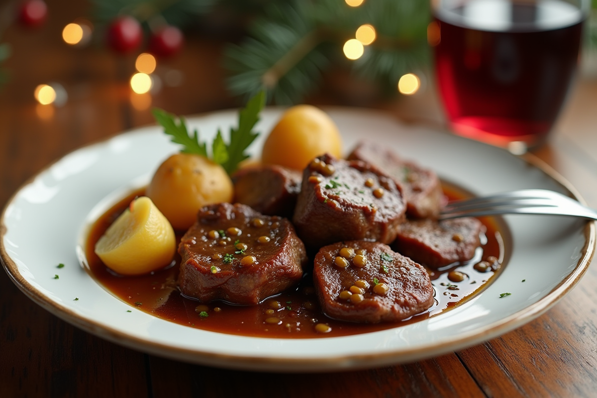 Partie de bœuf bourguignon sur une assiette blanche avec pommes de terre