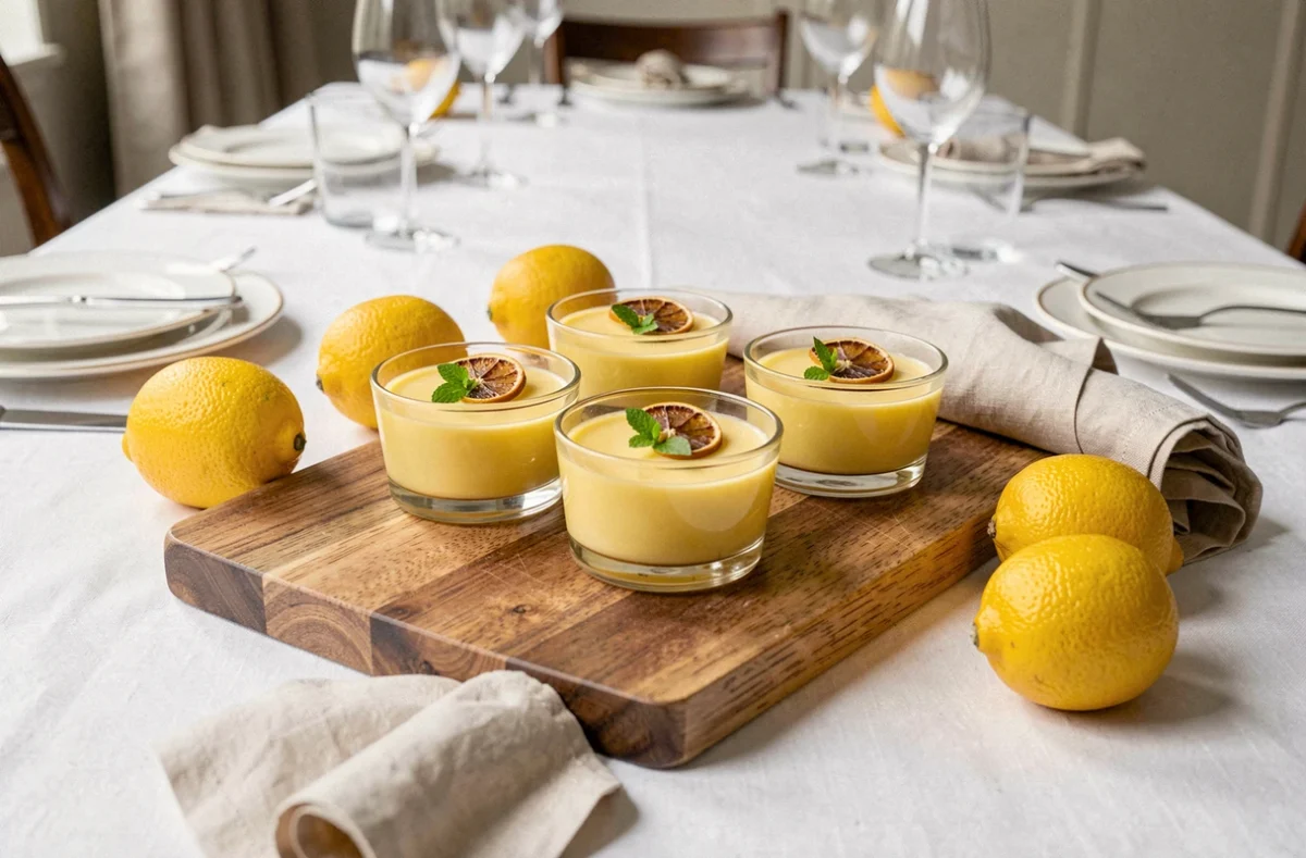 Plateau de petits pots de posset au citron servis en fin de repas sur une table dressée élégante