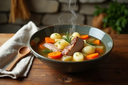 Bol de potée légère aux légumes et viande maigre dans un bouillon clair, servi sur une table en bois rustique
