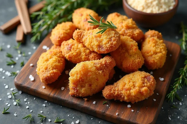 Morceaux de poulet pané maison croustillants dorés sur une planche en bois rustique avec thym frais et fleur de sel