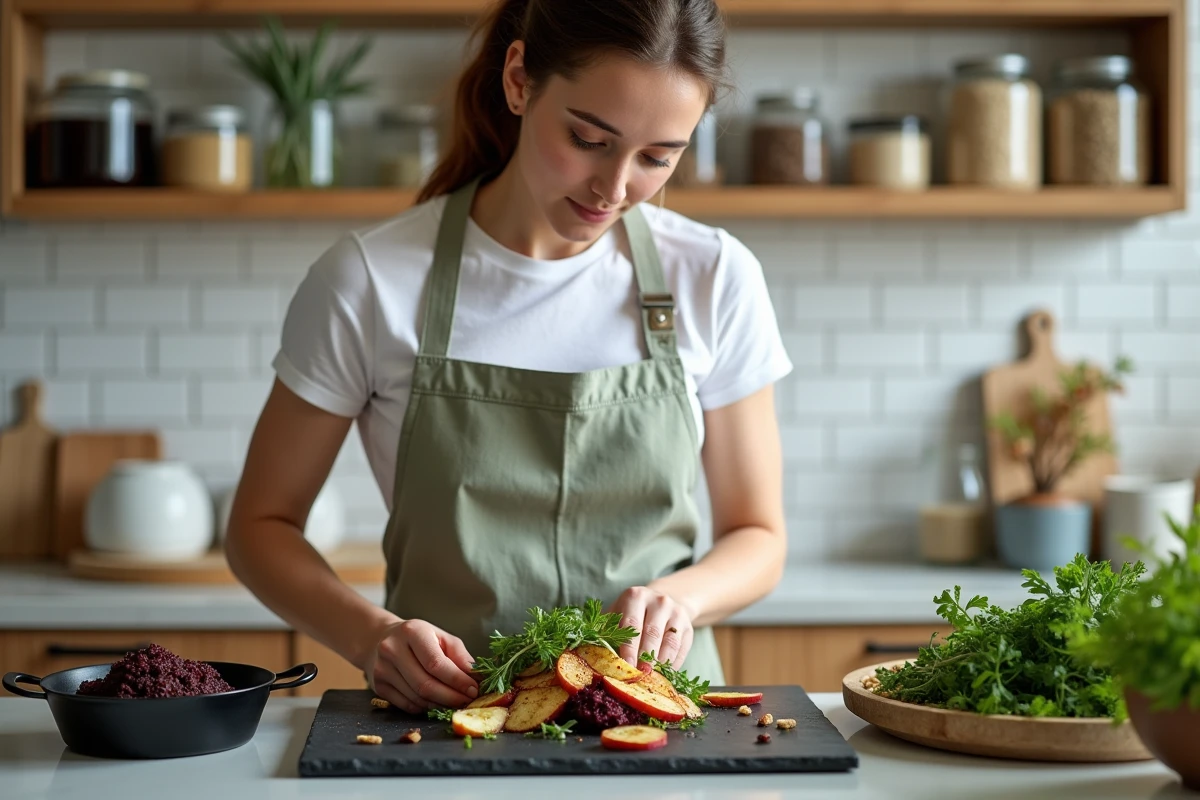 Femme préparant une salade de betteraves rôties et pommes caramélisées comme accompagnement sain pour du boudin noir dans une cuisine moderne