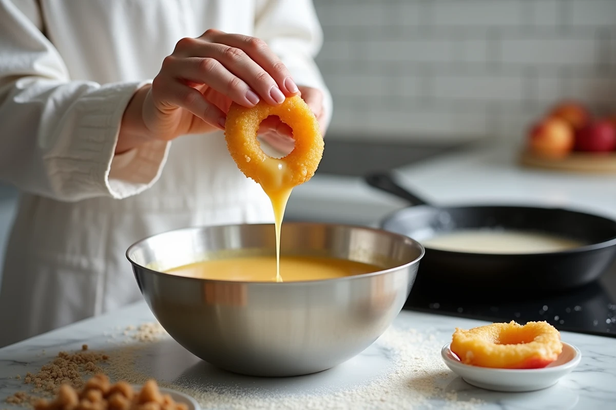 Main trempant un anneau de pomme dans une pâte à beignet dorée au-dessus d'un bol en acier inoxydable dans une cuisine moderne
