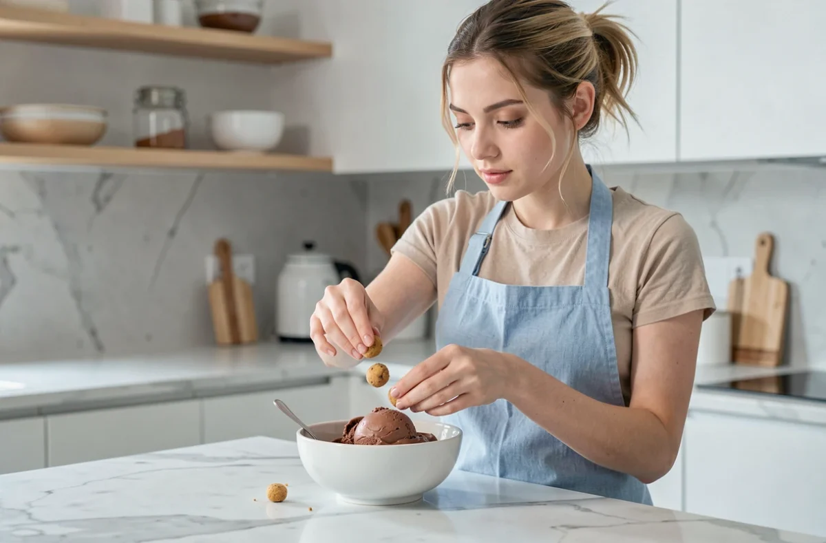 Femme préparant un sundae maison en ajoutant des boulettes de cookie dough sur une glace au chocolat