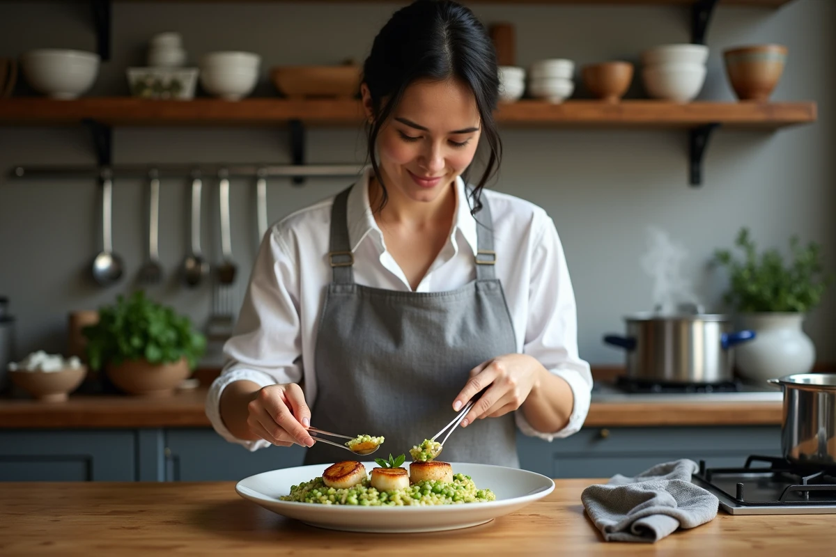 Femme préparant et dressant des coquilles Saint-Jacques avec un risotto aux petits pois et menthe dans une cuisine chaleureuse, recette chic et abordable