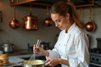 Cheffe pâtissière préparant une crème pâtissière onctueuse dans une casserole en inox dans une cuisine professionnelle