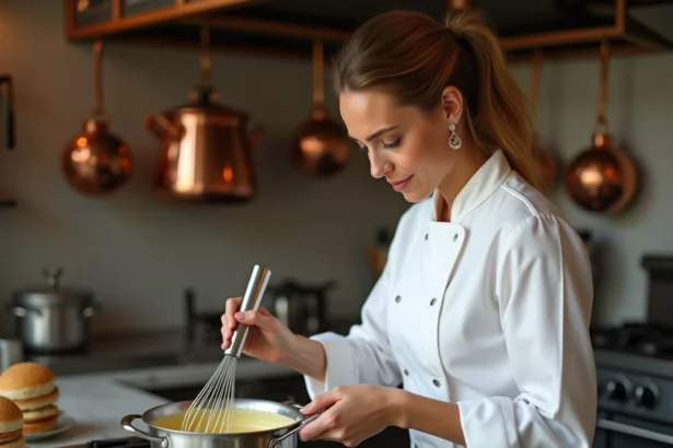 Cheffe pâtissière préparant une crème pâtissière onctueuse dans une casserole en inox dans une cuisine professionnelle