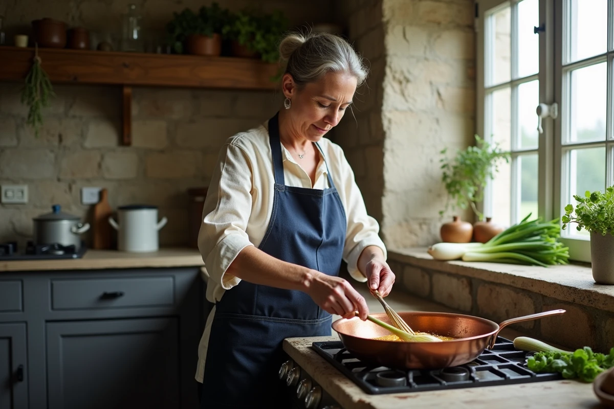 Cuisinière préparant une fondue de poireaux maison dans une poêle en cuivre dans une cuisine campagnarde