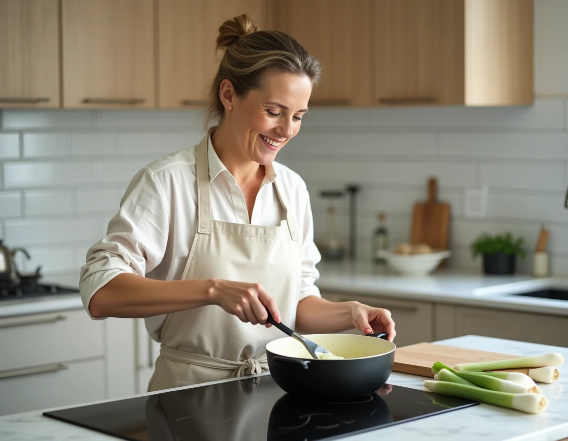 Femme préparant une fondue de poireaux au fromage blanc dans une casserole sur une cuisinière moderne