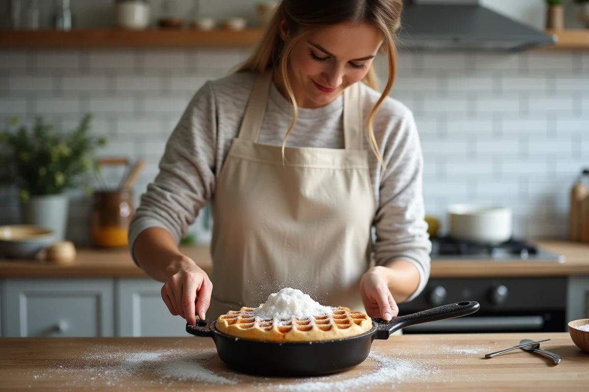 Femme versant du sucre perlé sur la pâte à gaufres dans une gaufrier en fonte dans une cuisine familiale
