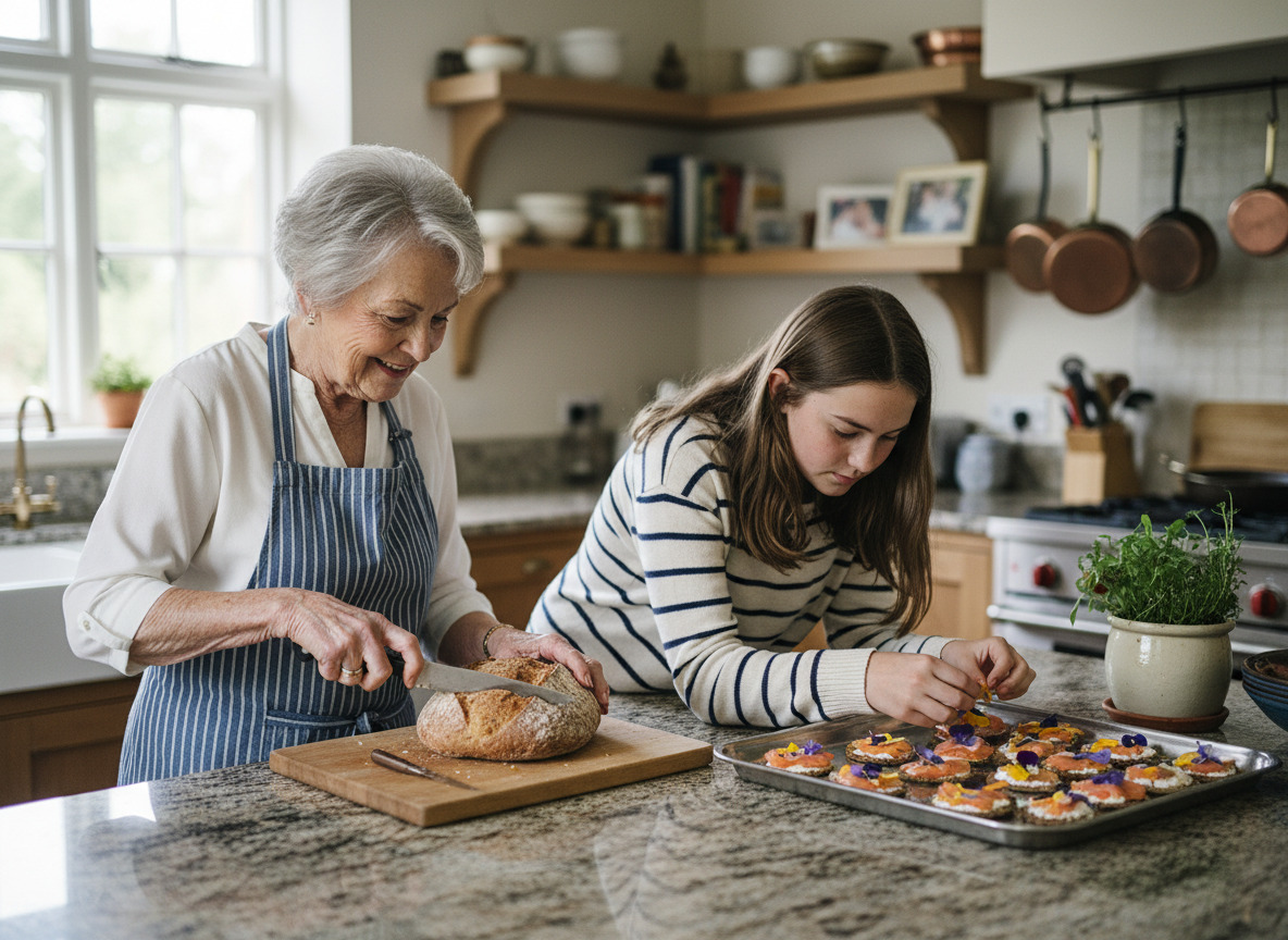 Grand-mère et petite-fille préparant des canapés dans la cuisine