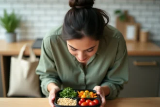 Femme préparant une lunch box équilibrée avec légumes et céréales dans une cuisine moderne