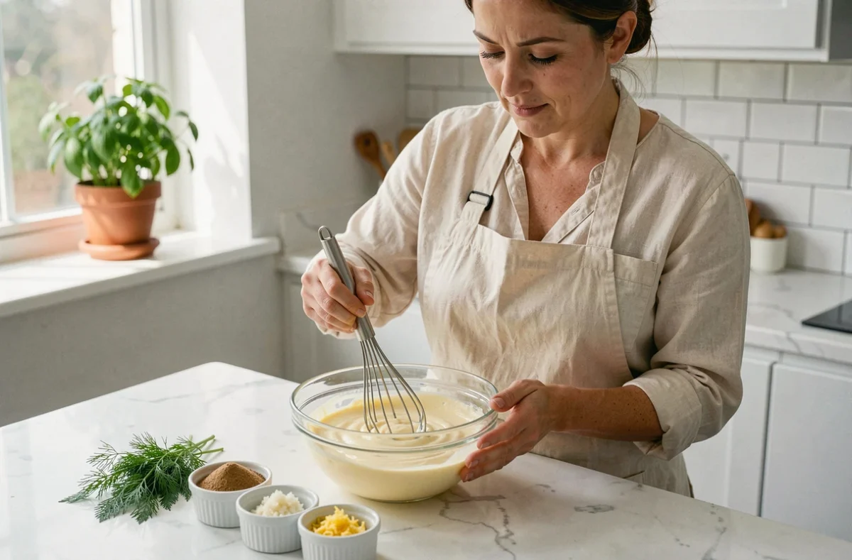 Femme préparant une mayonnaise maison au fouet avec des épices et herbes aromatiques sur un plan de travail en marbre