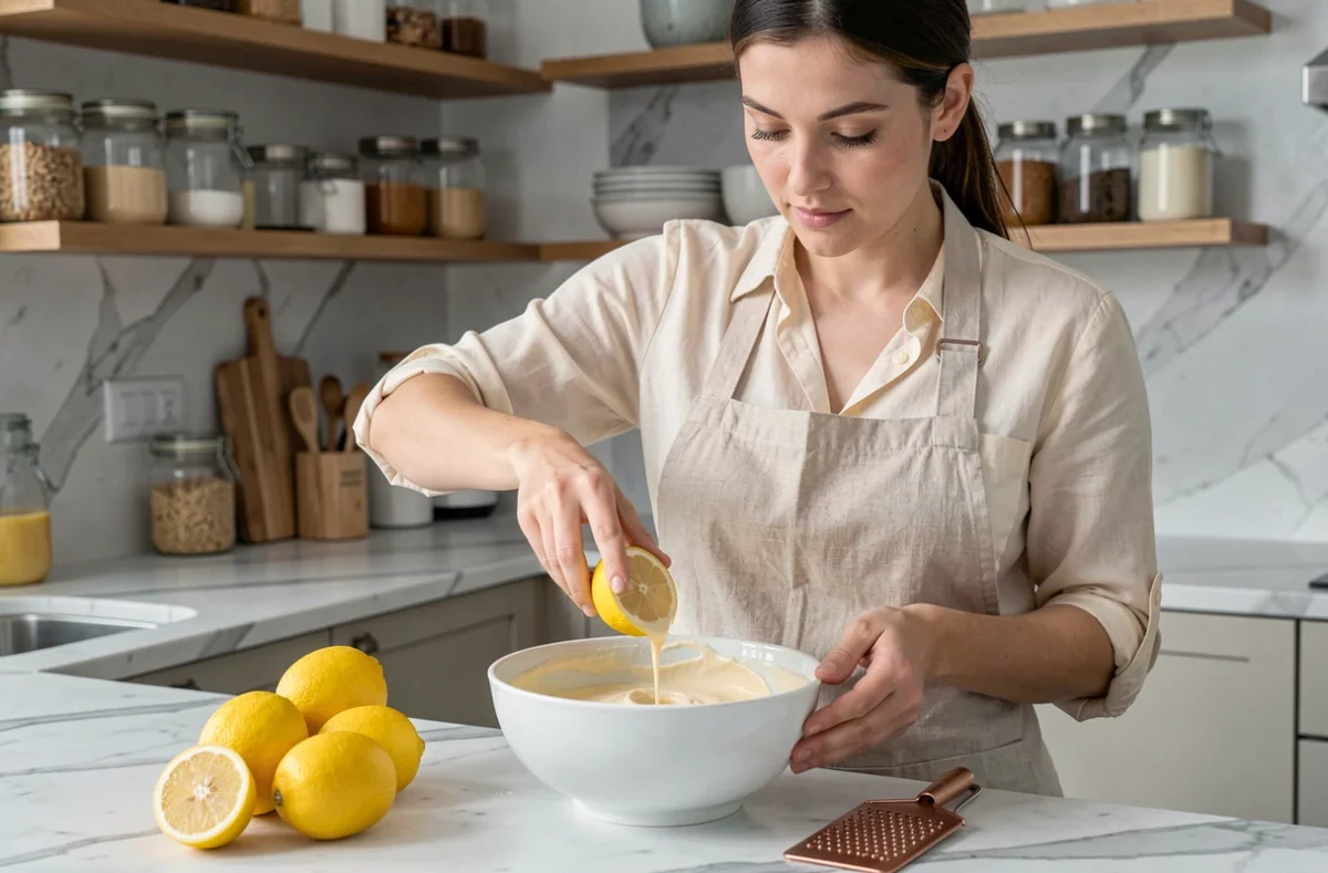 Femme préparant une mousse au citron dans une cuisine moderne avec plan de travail en marbre