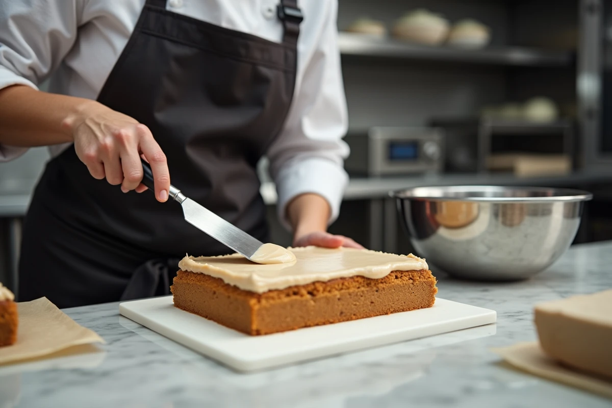 Cheffe pâtissière étalant la crème au beurre café sur un biscuit joconde lors de la préparation d'un gâteau opéra en cuisine professionnelle