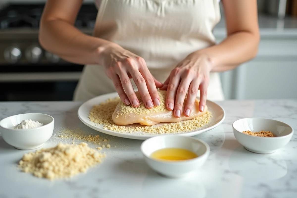 Femme préparant une panure maison pour le poulet en enrobant un filet dans de la chapelure assaisonnée