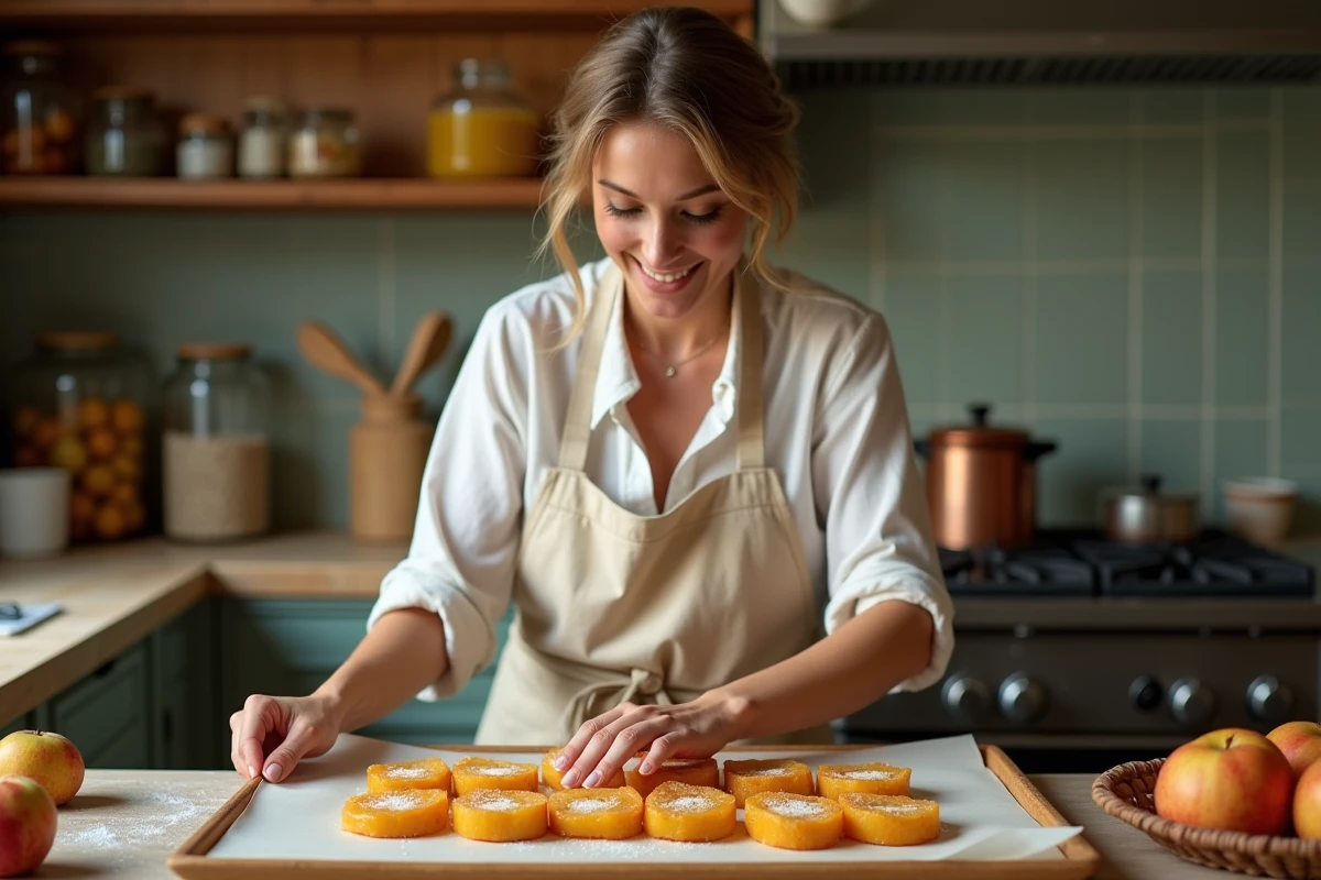 Femme préparant des pâtes de fruits pomme et poire maison dans une cuisine artisanale chaleureuse