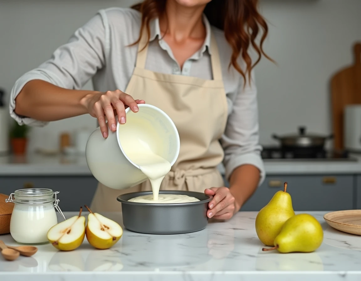 Femme versant la pâte à gâteau poire yaourt dans un moule sur un plan de travail en marbre pendant la préparation