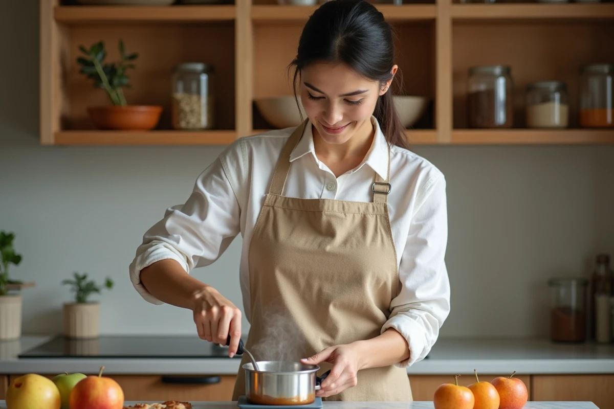 Femme versant la préparation de pâtes de fruit pomme vegan dans un moule en silicone dans une cuisine naturelle