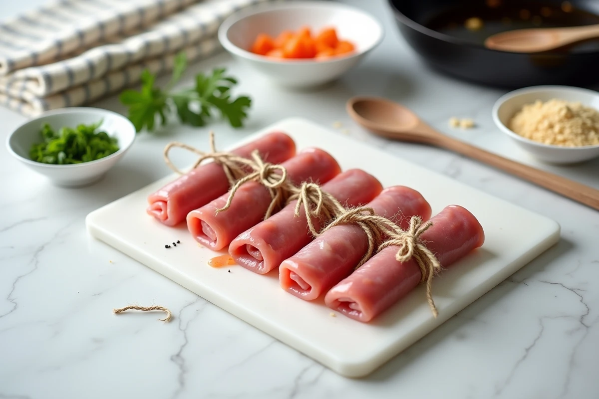 Préparation de paupiettes de veau maison roulées et ficelées avec légumes et herbes sur un plan de travail en marbre