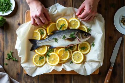 Filet de bar entier préparé en papillote avec citron, thym et légumes sur table en bois rustique